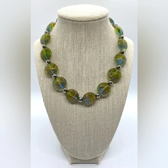 Green Gold Silver Beaded Chunky Necklace Vintage Boho-chic Retro Party Classic - Picture 2 of 11